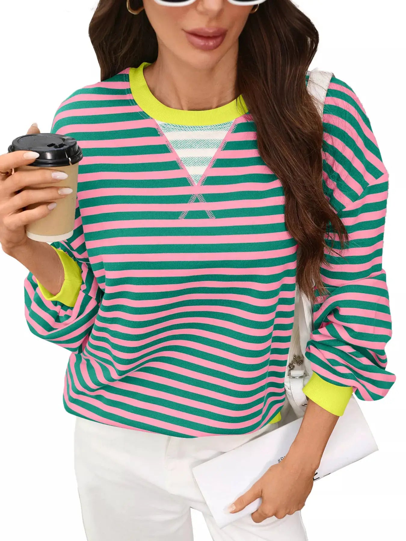 Contrast Trim Striped Crew Neck Sweatshirt by Trendsi
