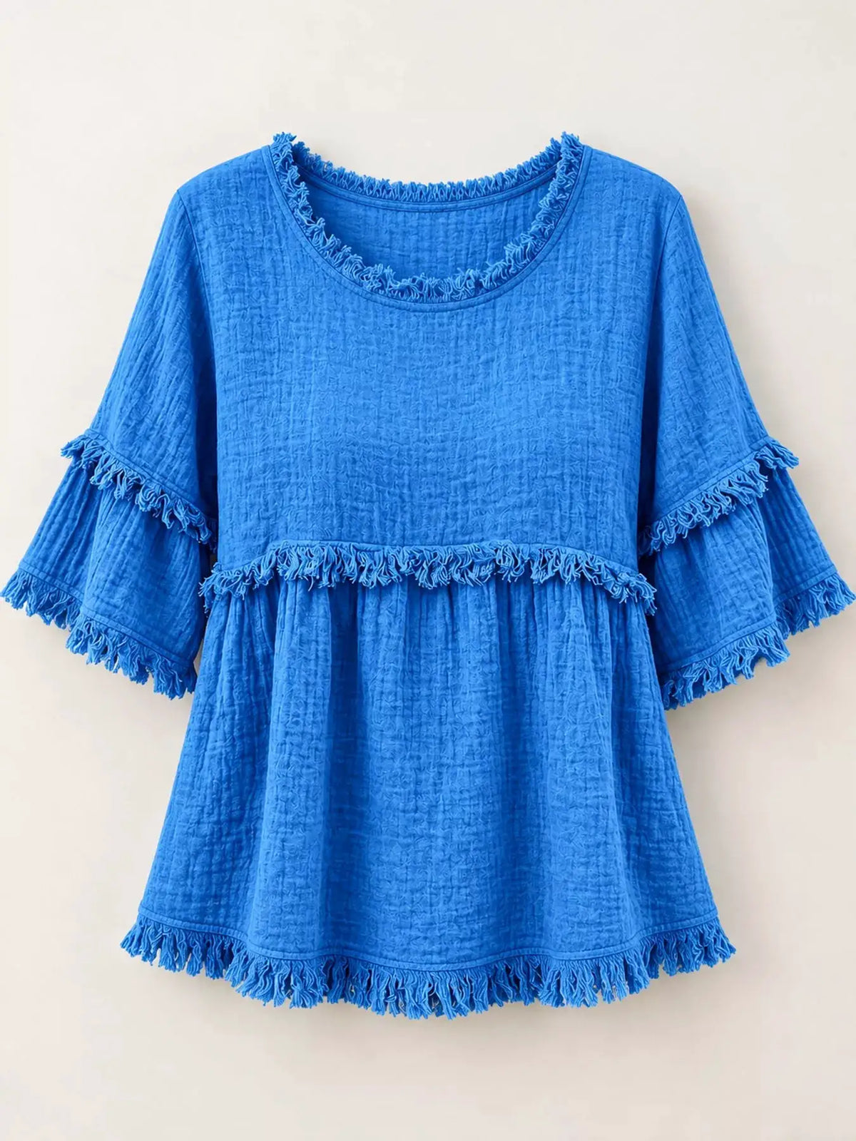 Full Size Frayed Edge Textured Blouse Plus Size by Trendsi