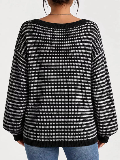 Striped Knit Boat Neck Sweater by Trendsi