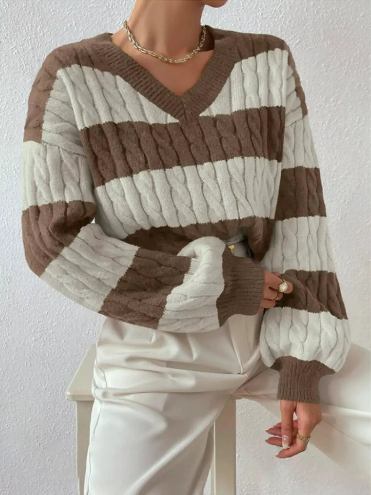 V-Neck Striped Cable Knit Sweater by Trendsi