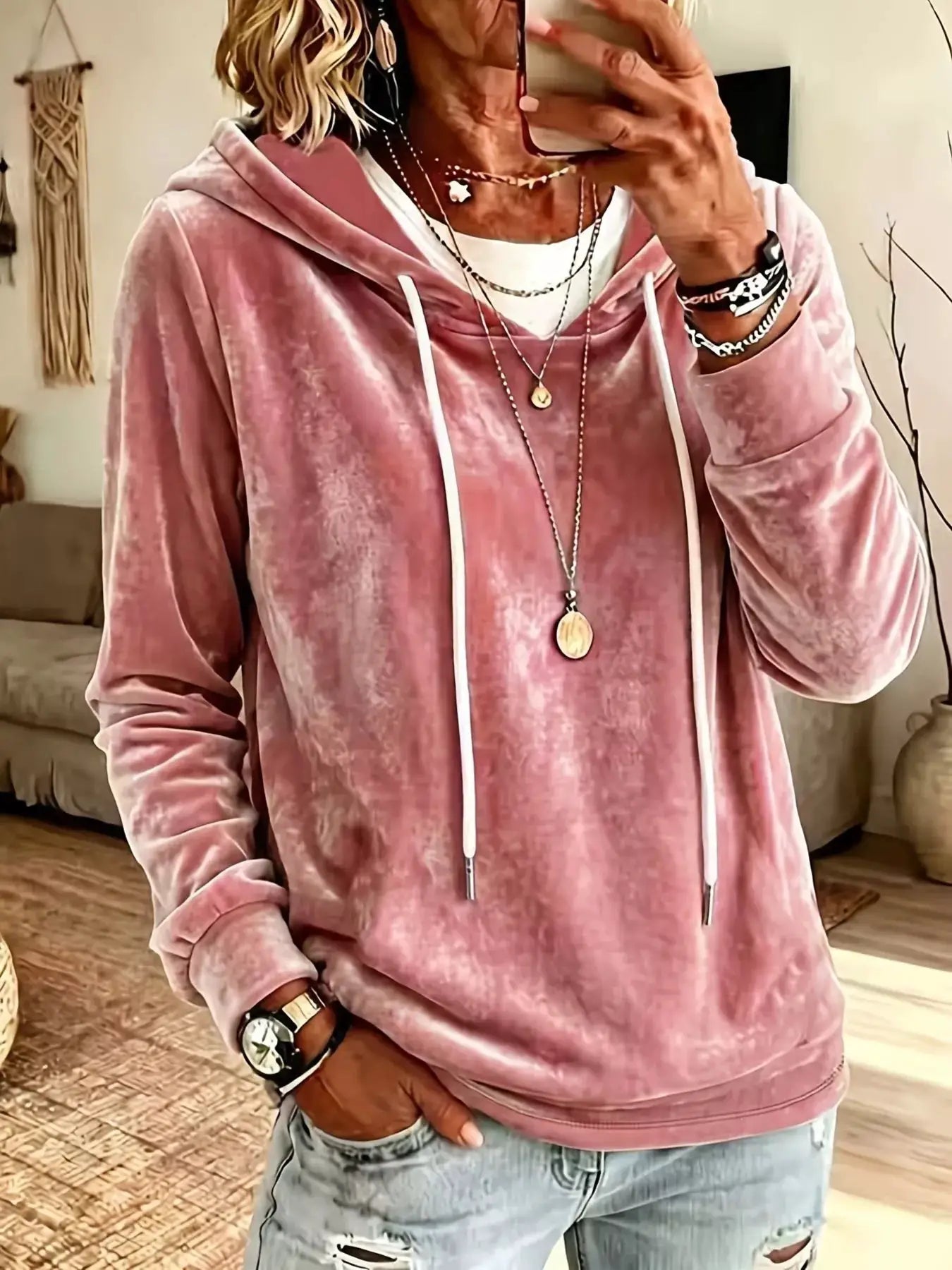 Full Size Drawstring Velvet Long Sleeve Hoodie Plus Size by Trendsi