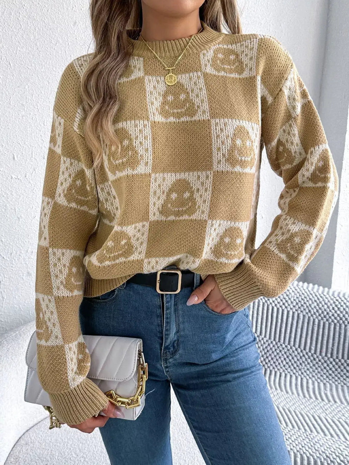 Checkerboard Halloween Graphic Sweater by Trendsi