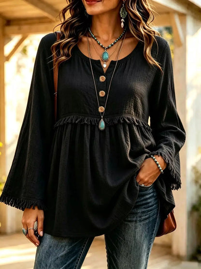 Button-Down Detail Fringed Hem Blouse by Trendsi