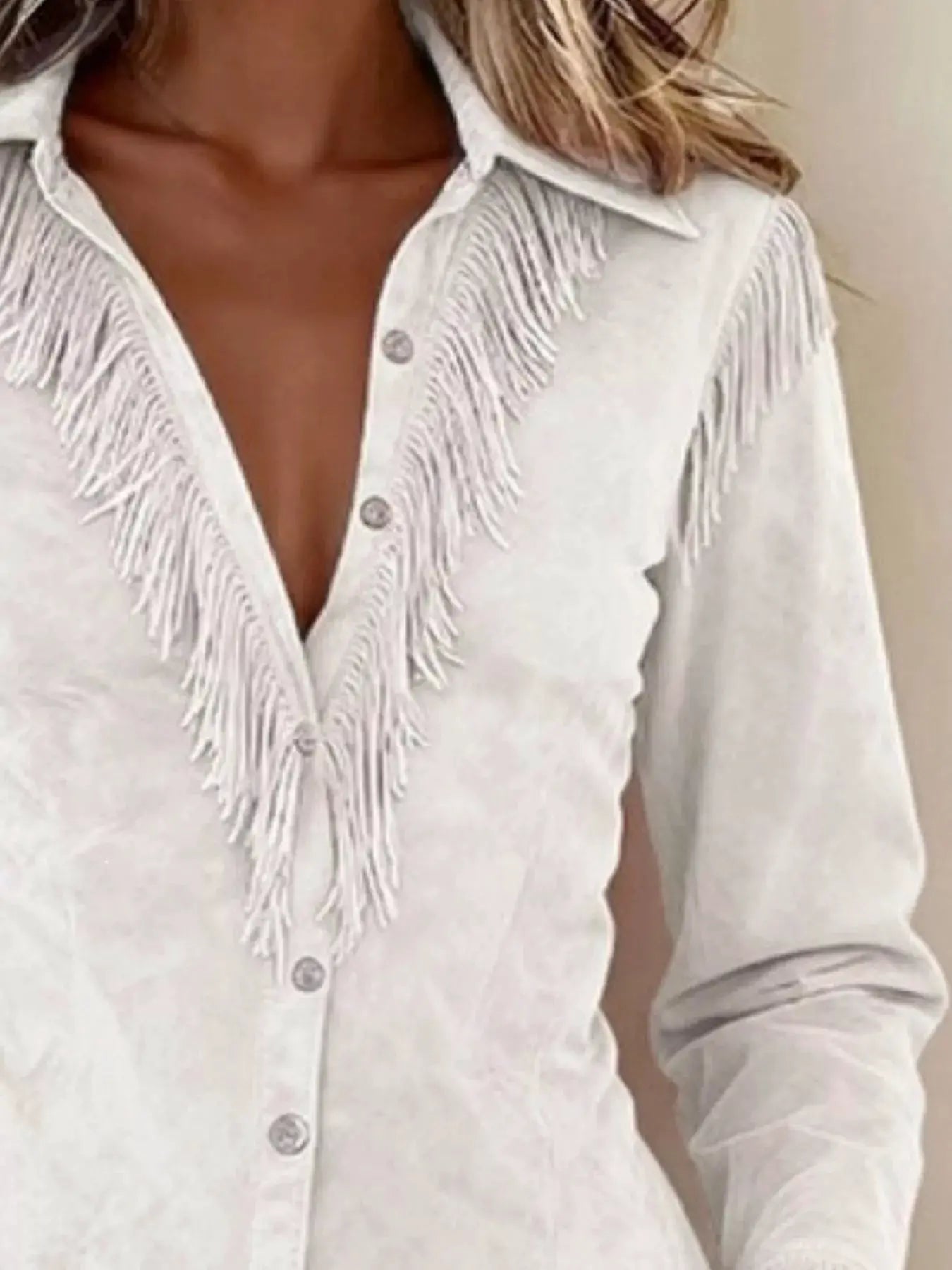 Fringed Button Up Long Sleeve Shirt by Trendsi