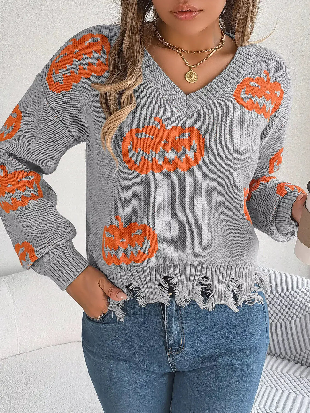 Pumpkin Distressed Hem Sweater by Trendsi
