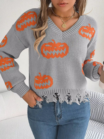 Pumpkin Distressed Hem Sweater by Trendsi