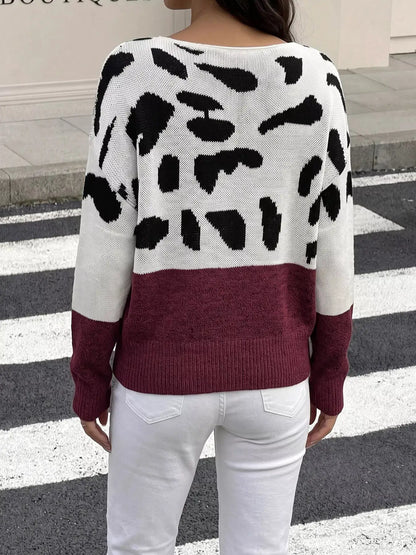Full Size Off-Shoulder Colorblock Animal Print Sweater Plus Size by Trendsi