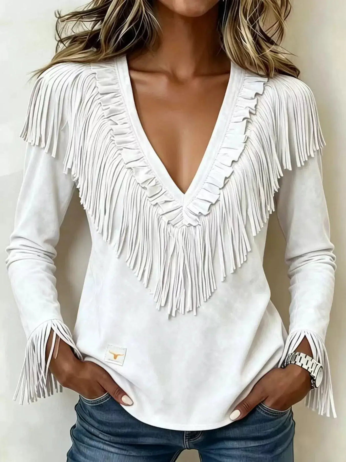Fringed V-Neck Blouse by Trendsi
