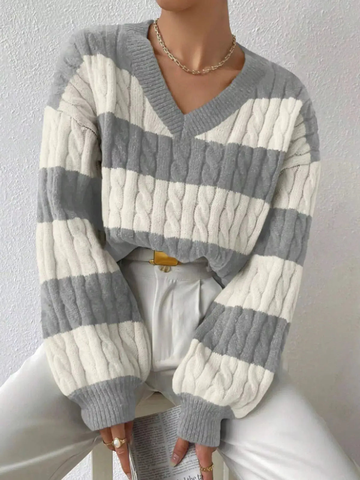 V-Neck Striped Cable Knit Sweater by Trendsi