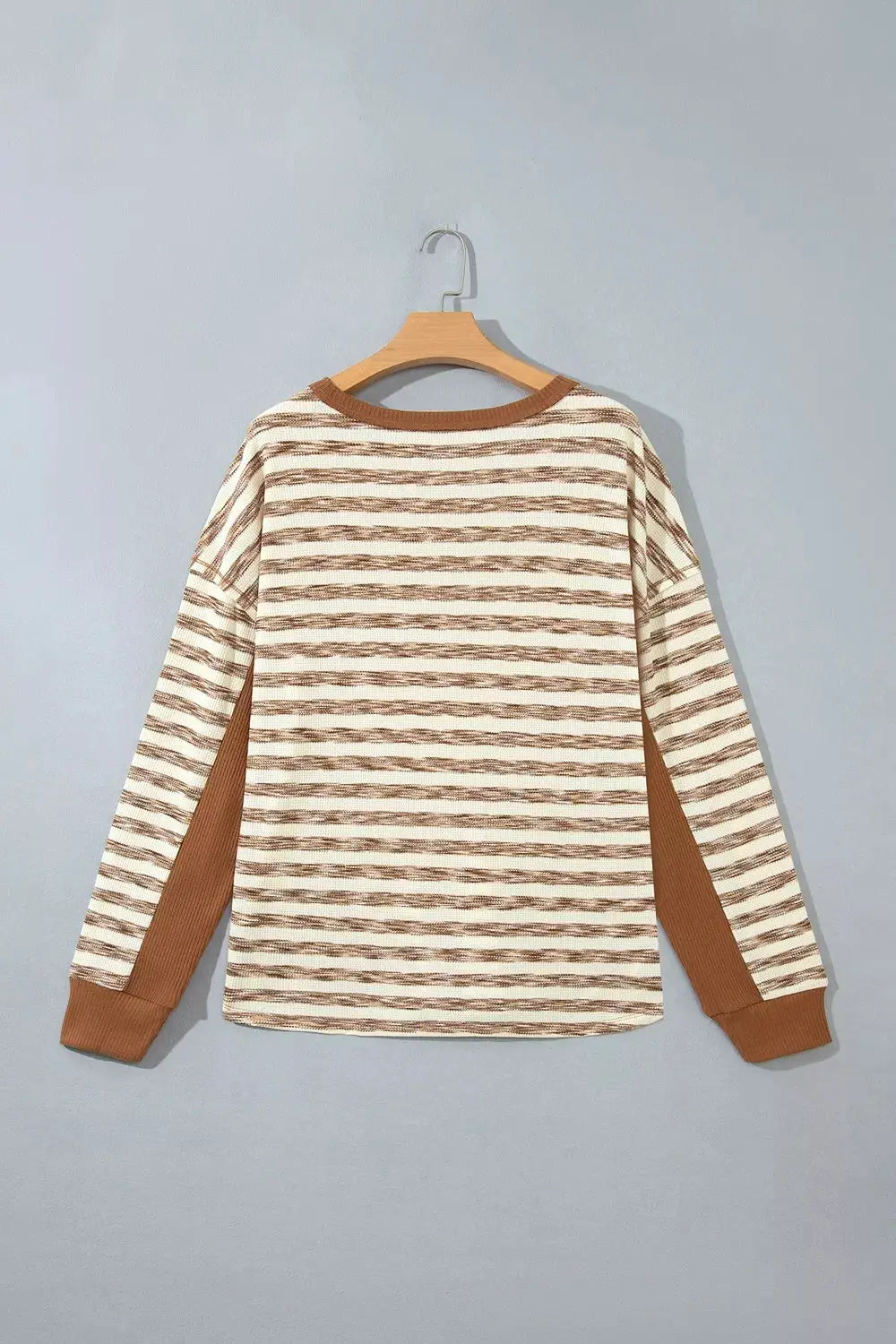 Stripe Textured Knit Color Block Trim Long Sleeve Round Neck Top by Trendsi