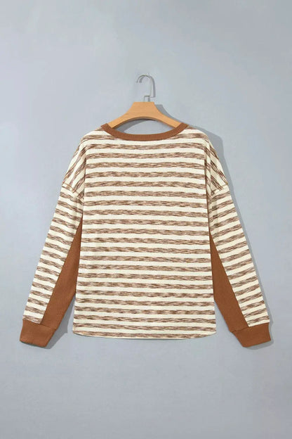 Stripe Textured Knit Color Block Trim Long Sleeve Round Neck Top by Trendsi