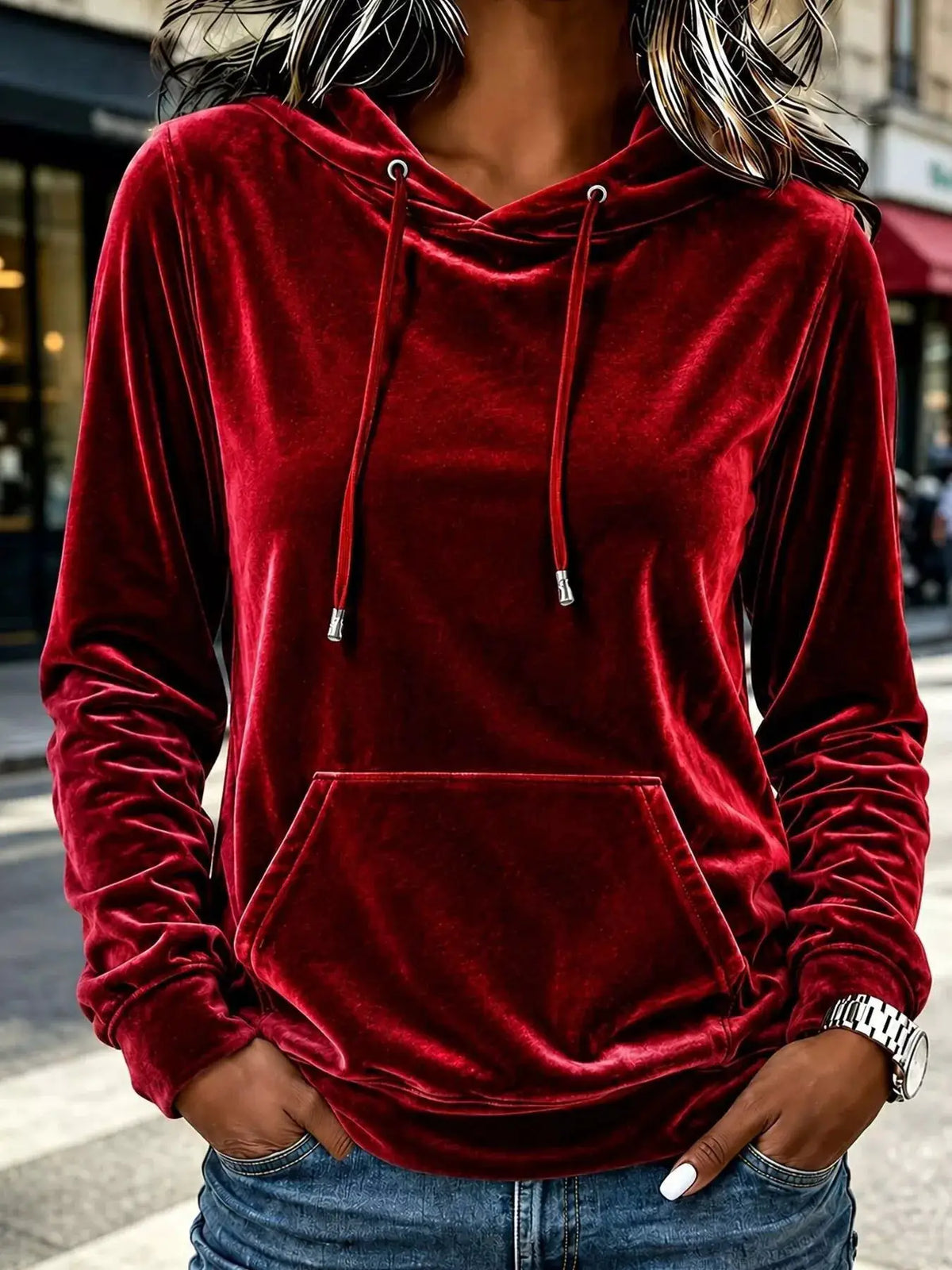 Full Size Velvet Kangaroo Pocket Hoodie Plus Size by Trendsi