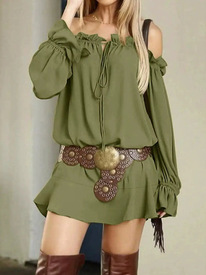 Off-Shoulder Long Sleeve Ruffle Mini Dress by Trendsi
