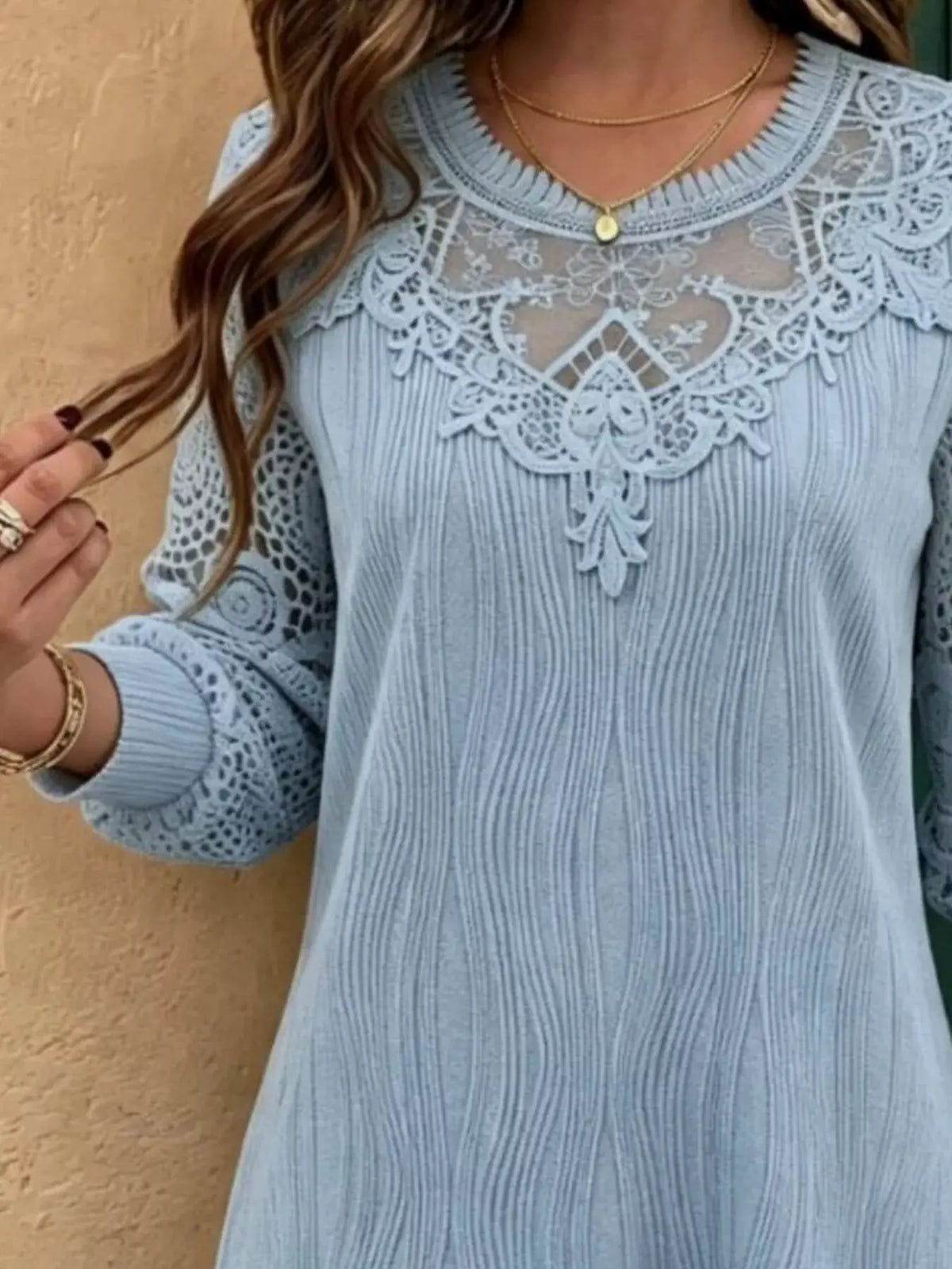 Lace Patchwork Long Sleeve Blouse by Trendsi