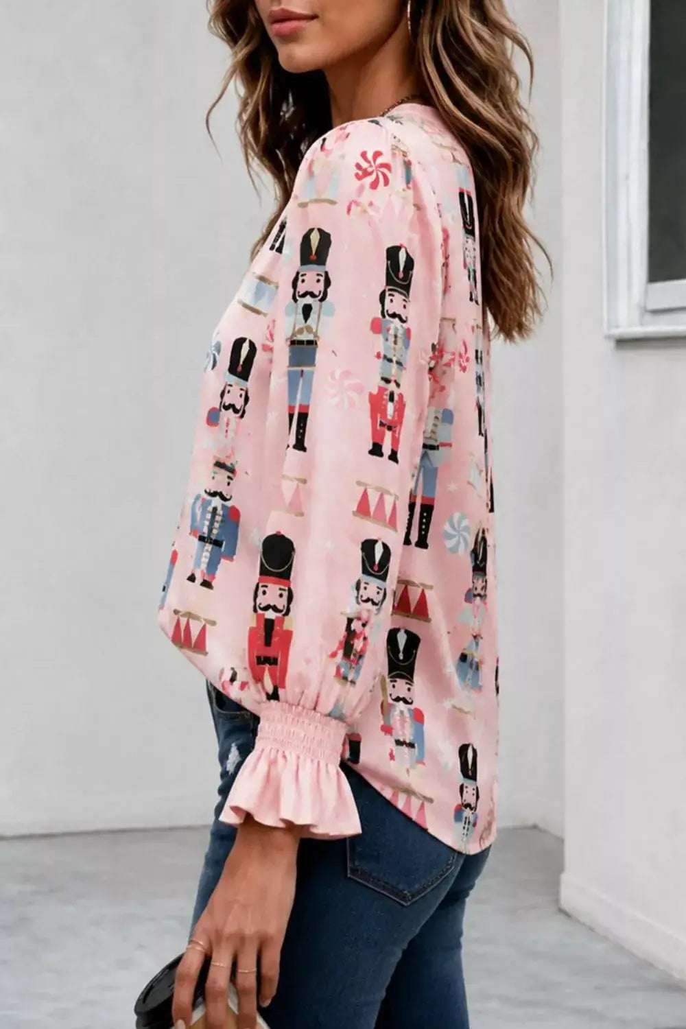 Nutcracker Print Notched Flounce Sleeve Blouse by Trendsi