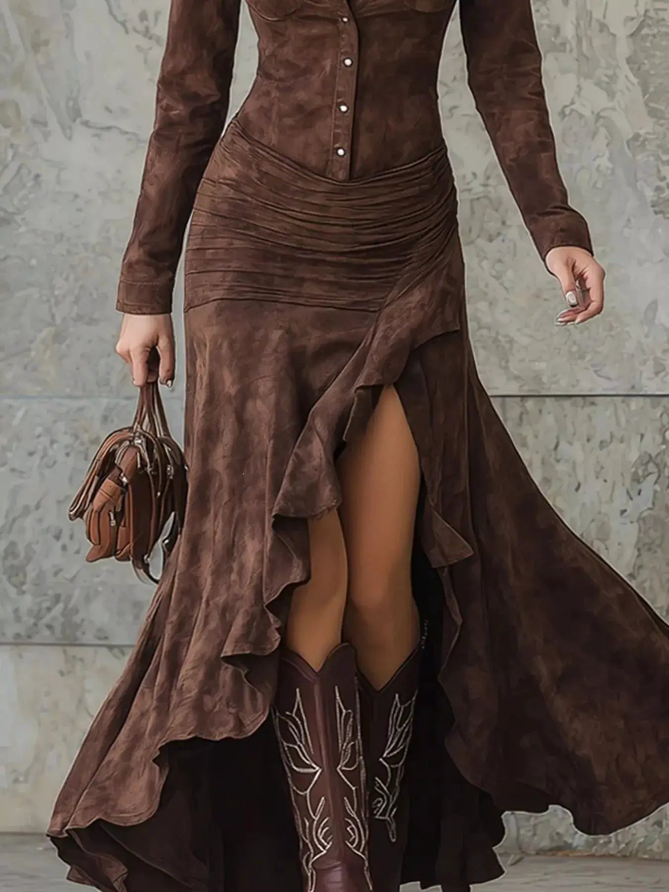 Full Size High-Low Long Sleeve Maxi Dress Plus Size by Trendsi