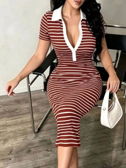 Striped Short Sleeve Bodycon Midi Dress by Trendsi