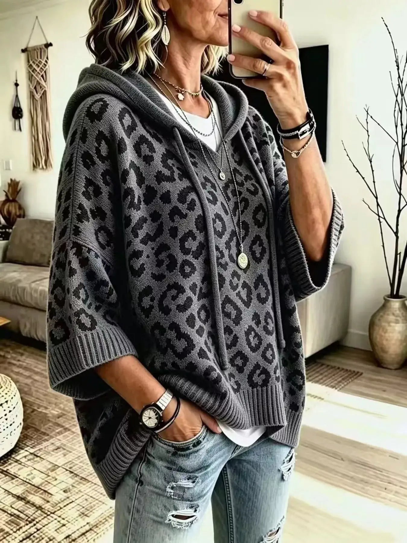 Drawstring Leopard Hooded Sweater by Trendsi