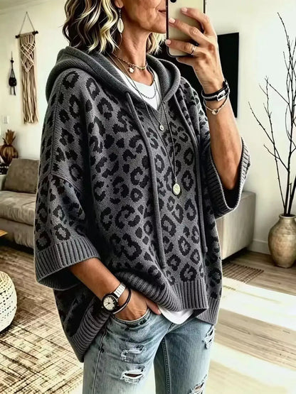 Drawstring Leopard Hooded Sweater by Trendsi
