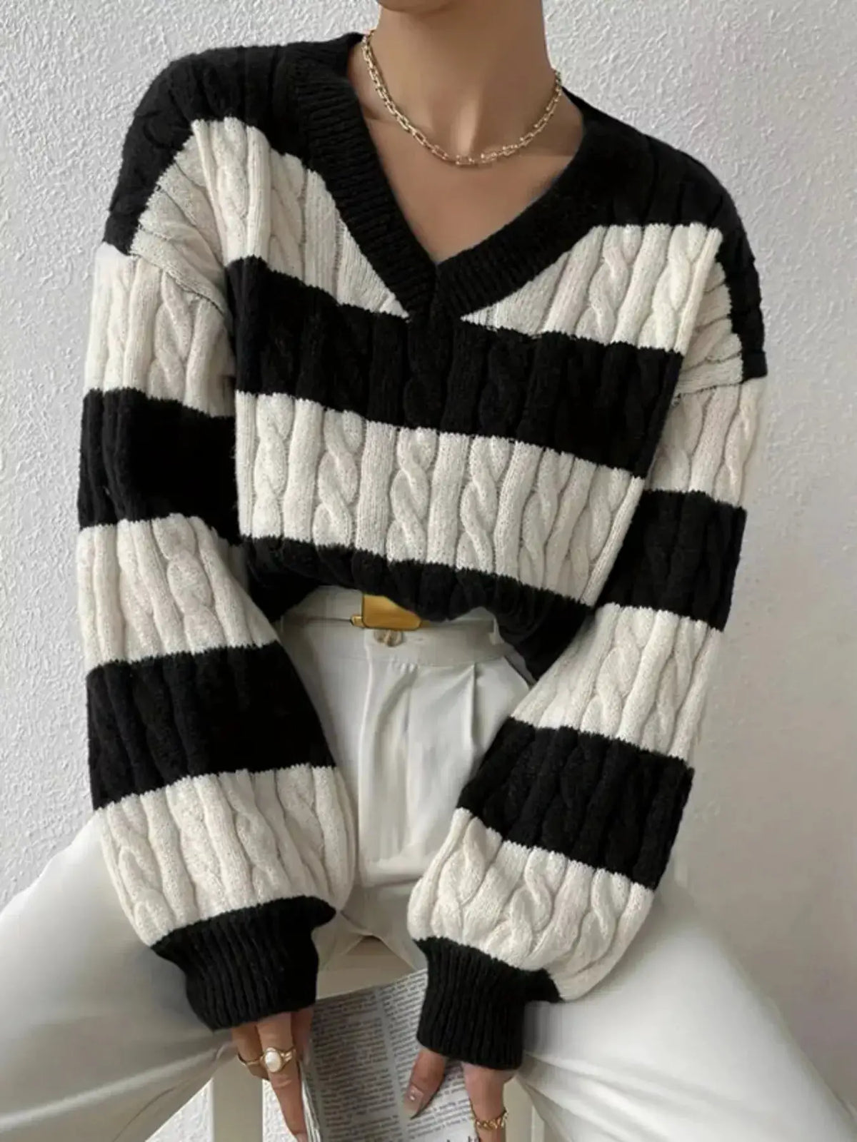 V-Neck Striped Cable Knit Sweater by Trendsi