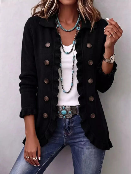Full Size Ruffled Trim Decorative Button Cardigan Plus Size by Trendsi
