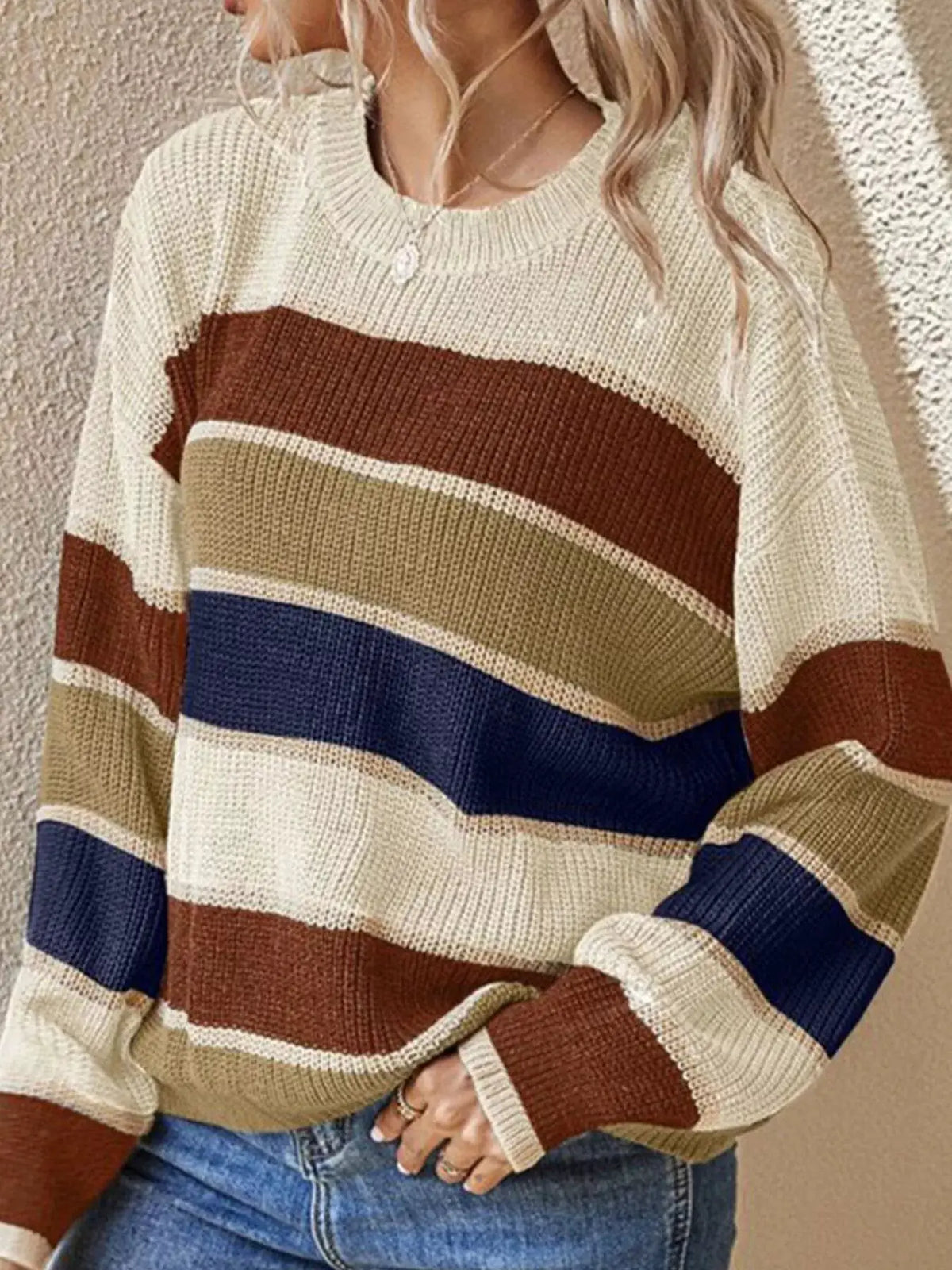 Color Block Striped Crew Neck Sweater by Trendsi