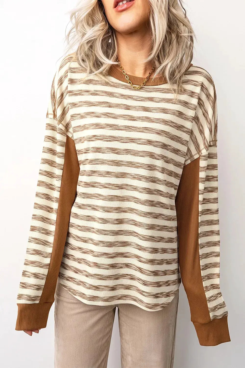 Stripe Textured Knit Color Block Trim Long Sleeve Round Neck Top by Trendsi