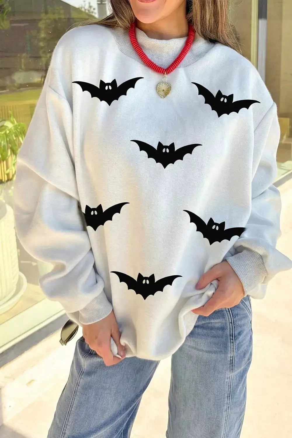 Halloween BOO & Bat Printed Reversible Mock Neck Sweatshirt by Trendsi