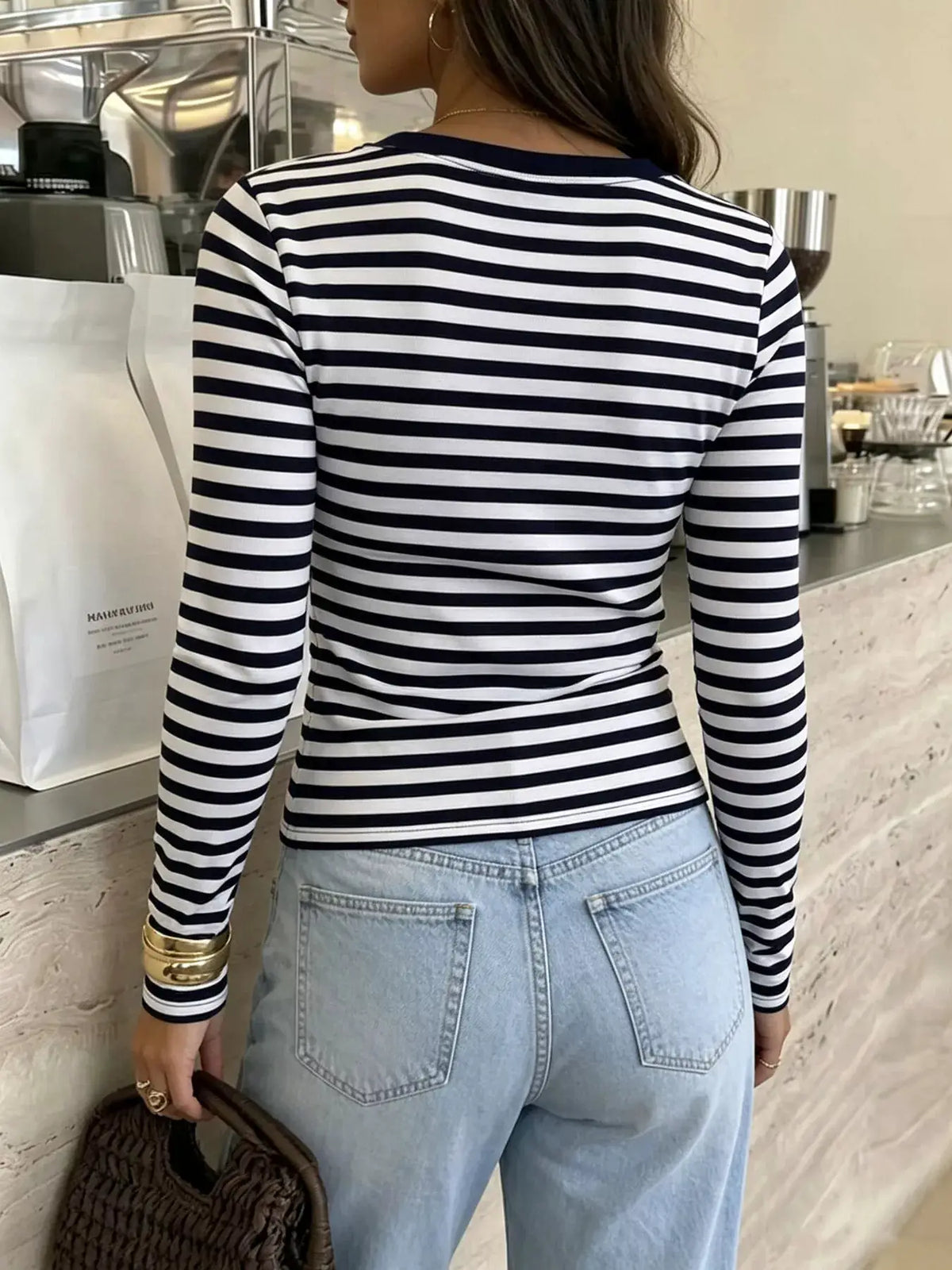 Striped V-Neck Long Sleeve T-Shirt by Trendsi