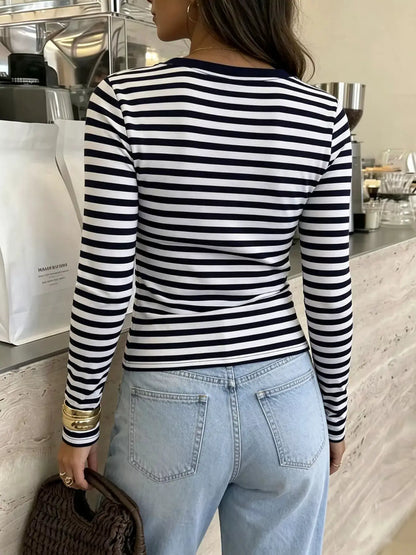 Striped V-Neck Long Sleeve T-Shirt by Trendsi