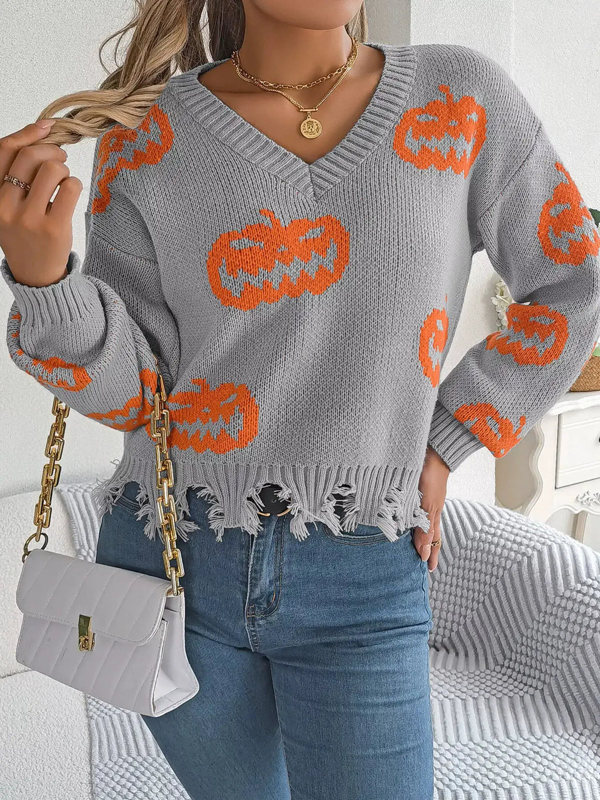 Pumpkin Distressed Hem Sweater by Trendsi
