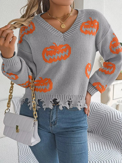 Pumpkin Distressed Hem Sweater by Trendsi