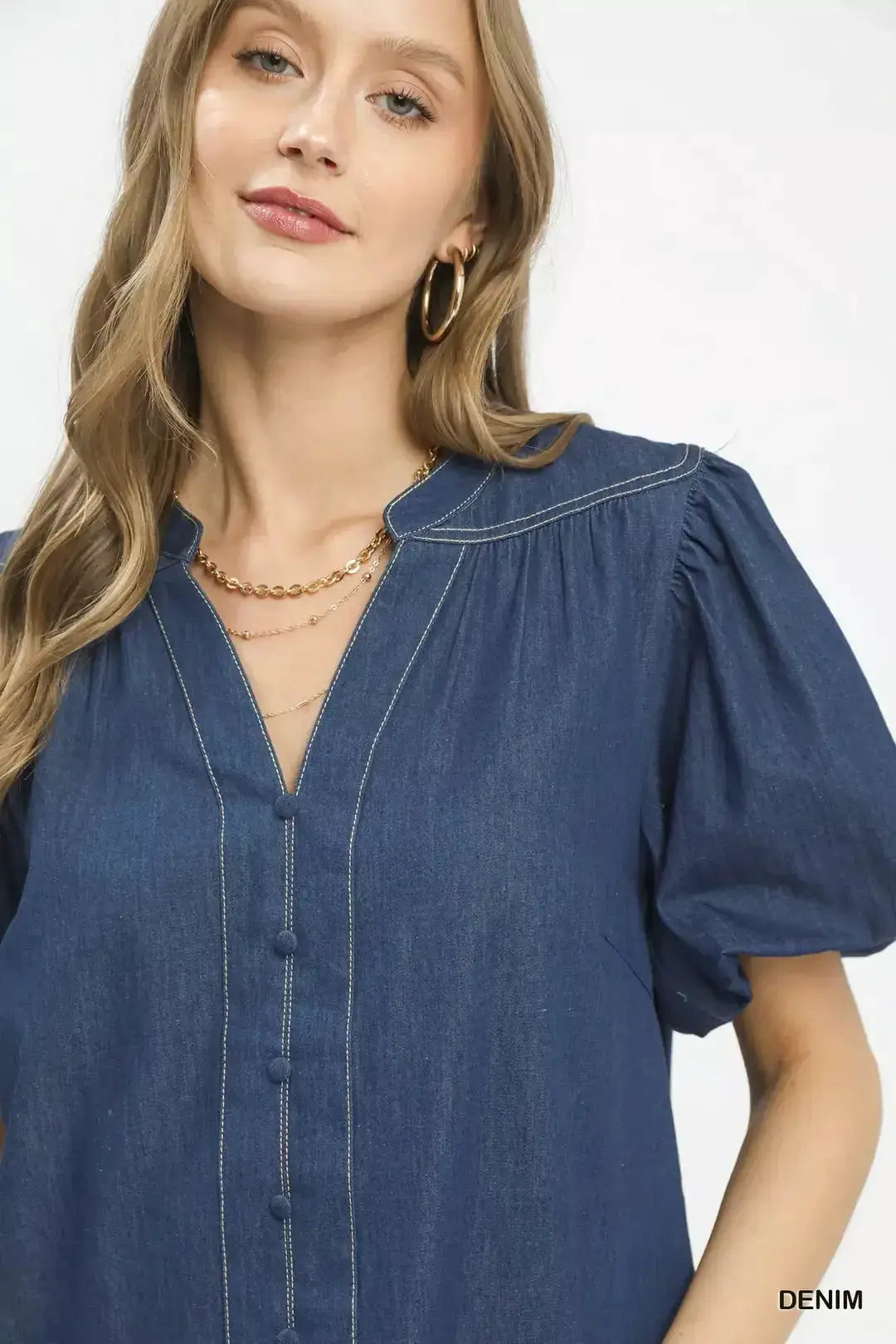 Umgee Denim Button Front Puff Sleeve Boho Blouse by Trendsi