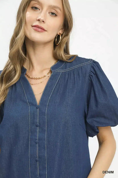 Umgee Denim Button Front Puff Sleeve Boho Blouse by Trendsi