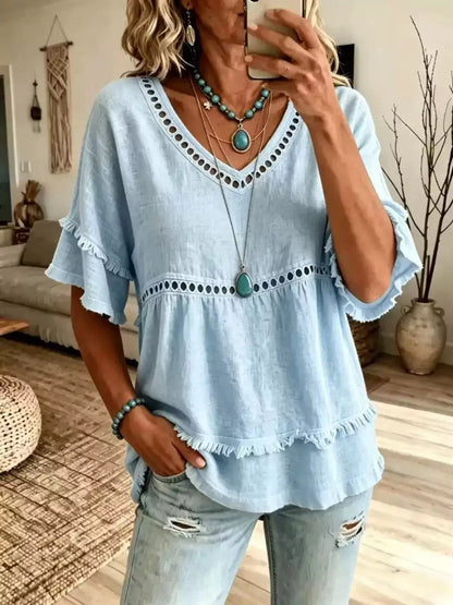 Eyelet V-Neck Frayed Edge T-Shirt by Trendsi