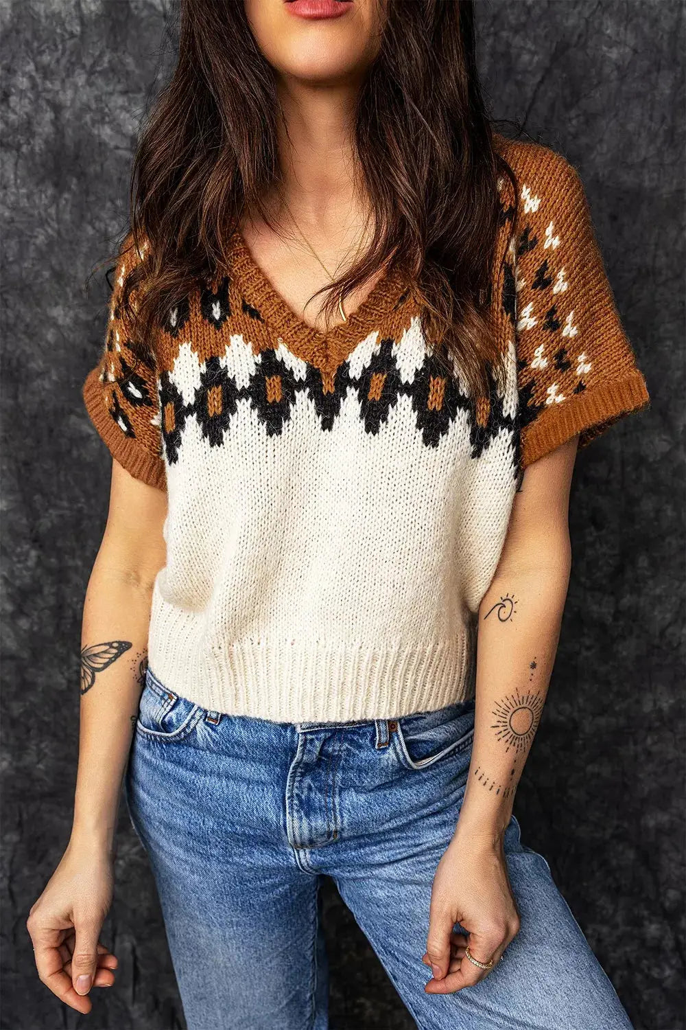 V Neck Short Sleeve Geometric Sweater by Trendsi
