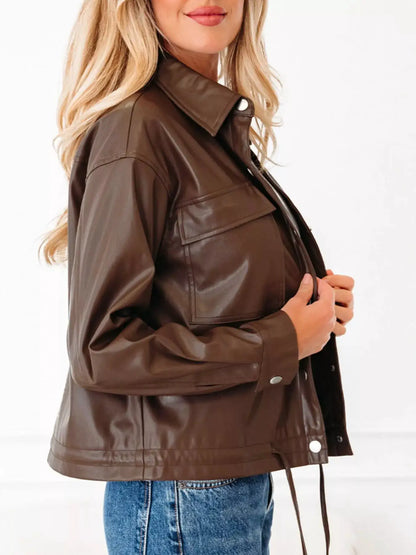 Double Flap Pocket Drawstring Hem Leather Jacket by Trendsi
