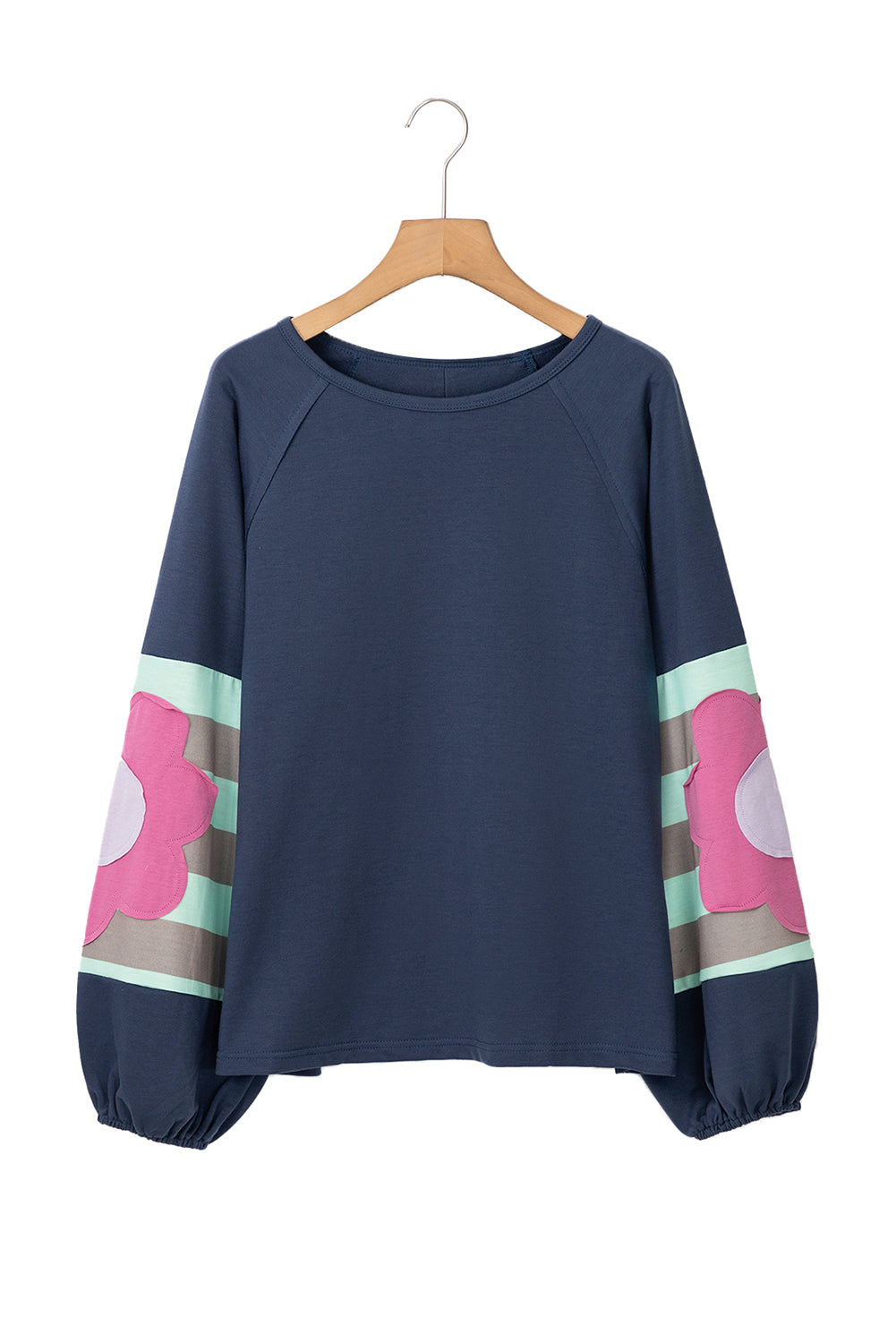 Smoke Green Flower Patchwork Raglan Sleeve Exposed Seam Oversized Top