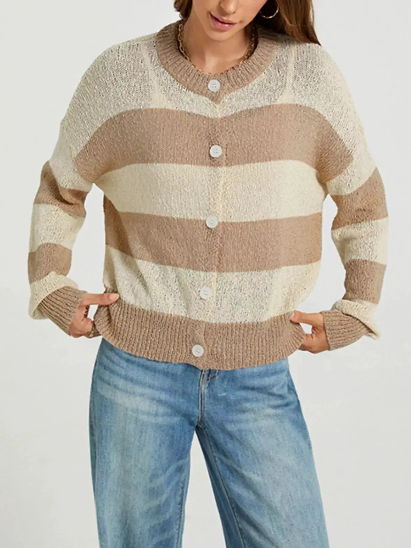 Casual Striped Button-Down Knit Cardigan by Trendsi