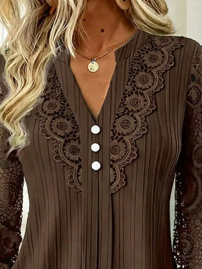 Lace Long Sleeve Notched Blouse by Trendsi
