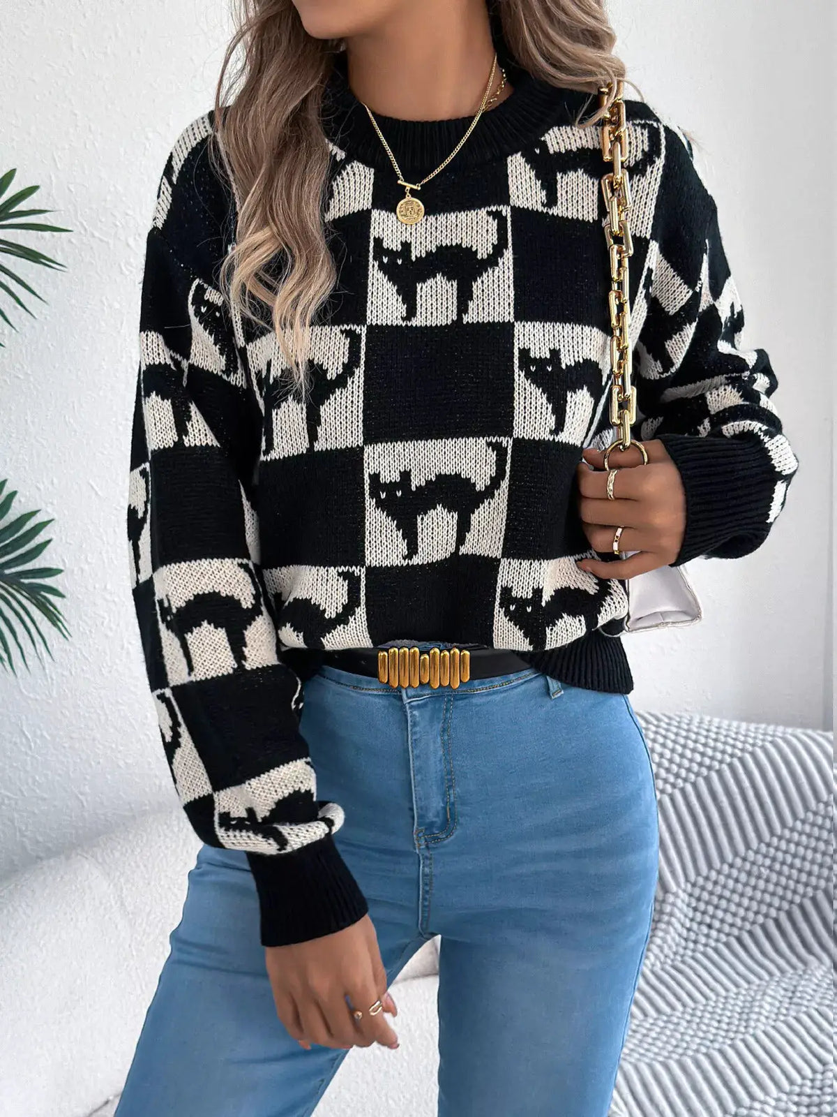 Checkerboard Halloween Graphic Sweater by Trendsi