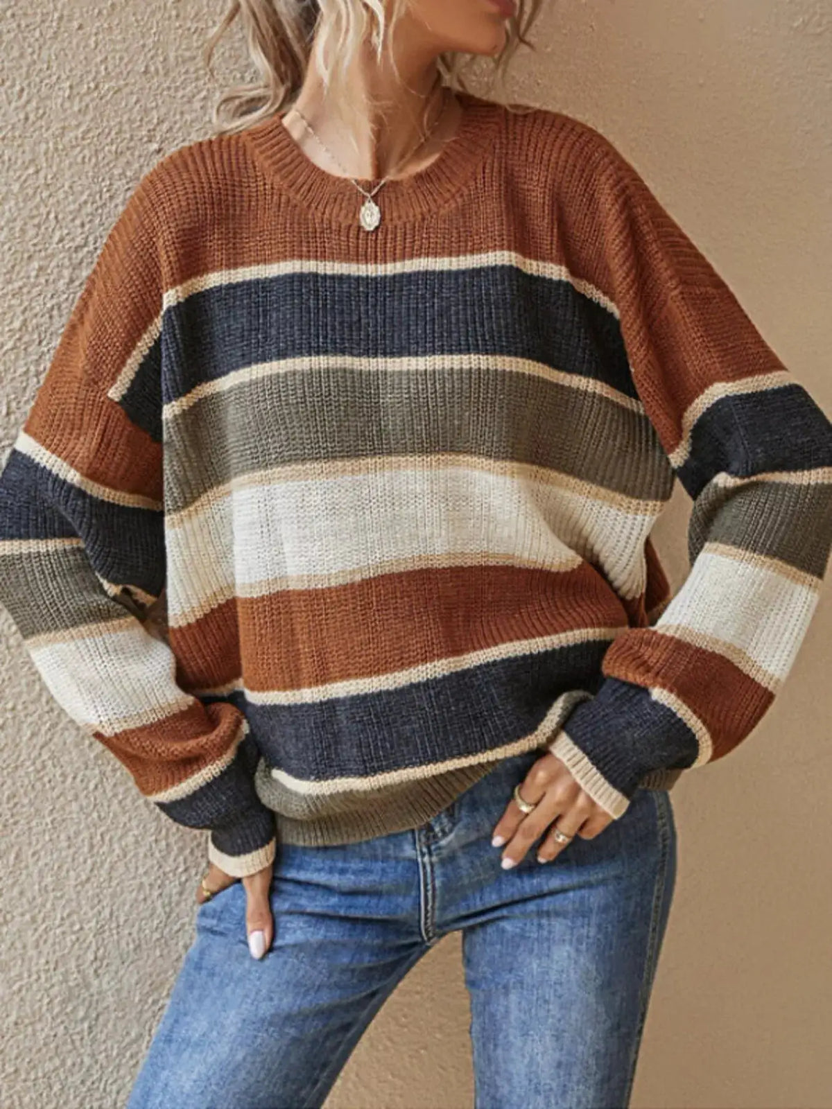 Color Block Striped Crew Neck Sweater by Trendsi