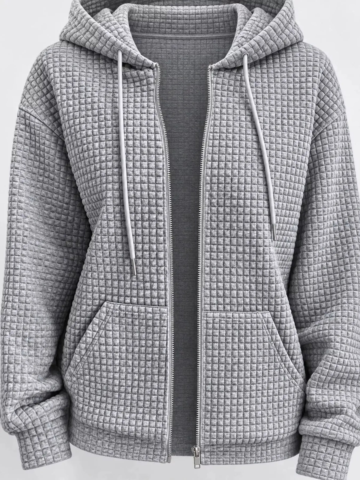 Waffle Knit Zip-Up Hoodie with Drawstring and Pockets by Trendsi
