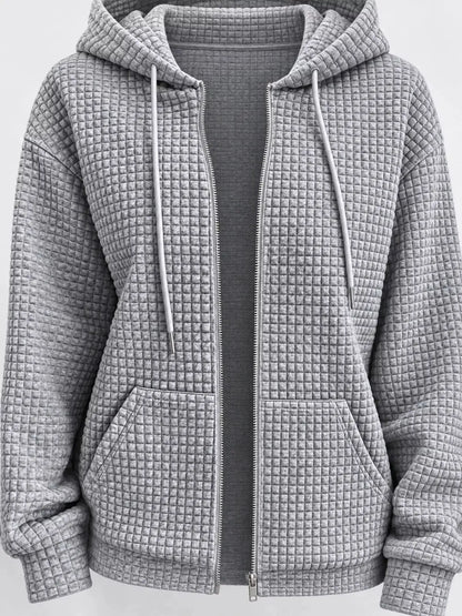 Waffle Knit Zip-Up Hoodie with Drawstring and Pockets by Trendsi
