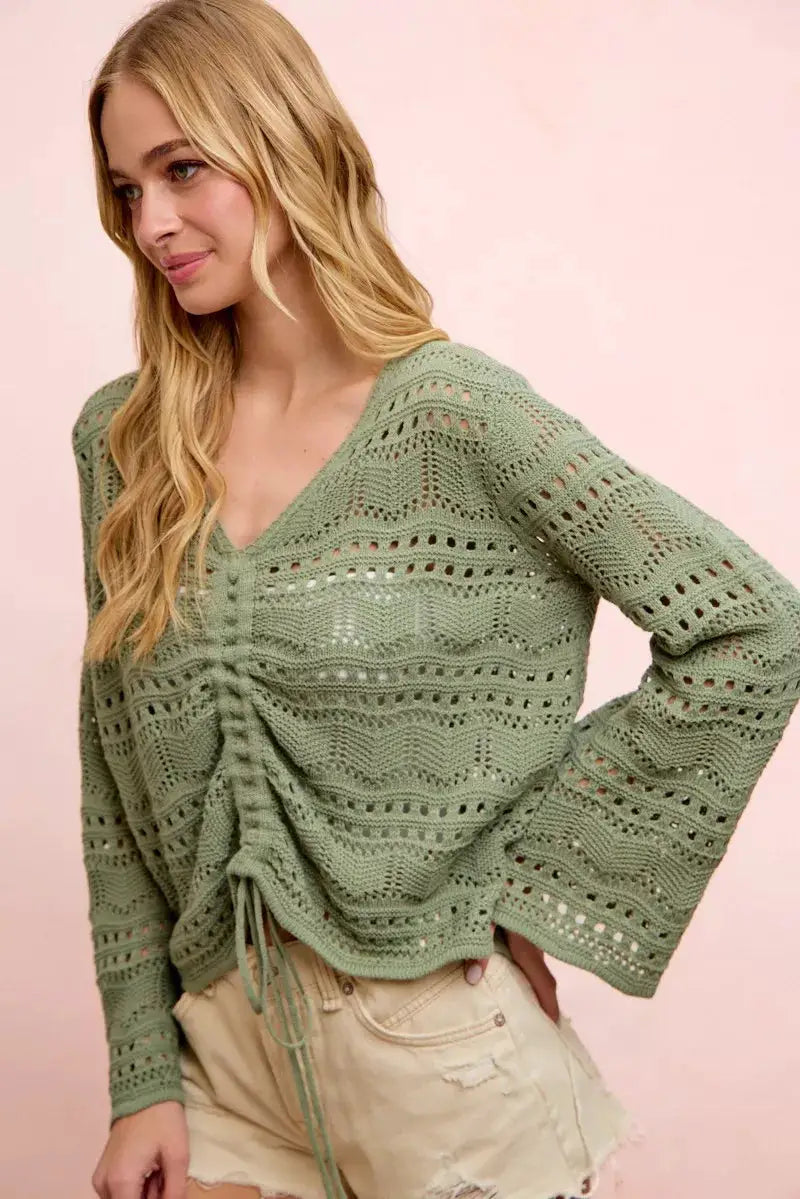 BiBi Pointelle Knit V Neck Ruched Front Lightweight Top by Trendsi