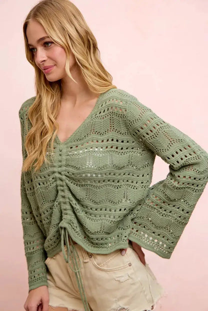 BiBi Pointelle Knit V Neck Ruched Front Lightweight Top by Trendsi