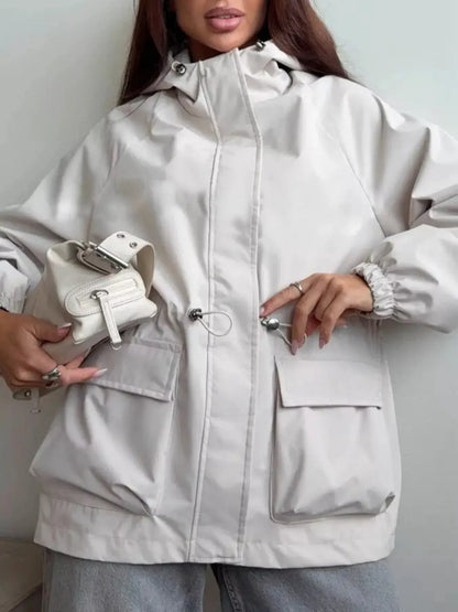 Drawstring Waist Hooded Windbreaker Outerwear by Trendsi