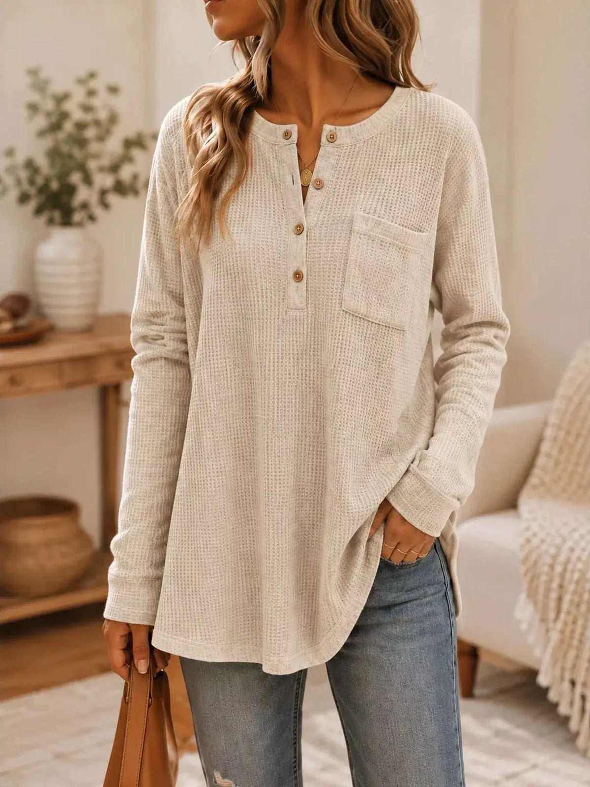 Waffle Knit Button Detail Top by Trendsi