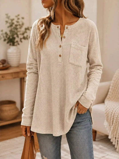 Waffle Knit Button Detail Top by Trendsi