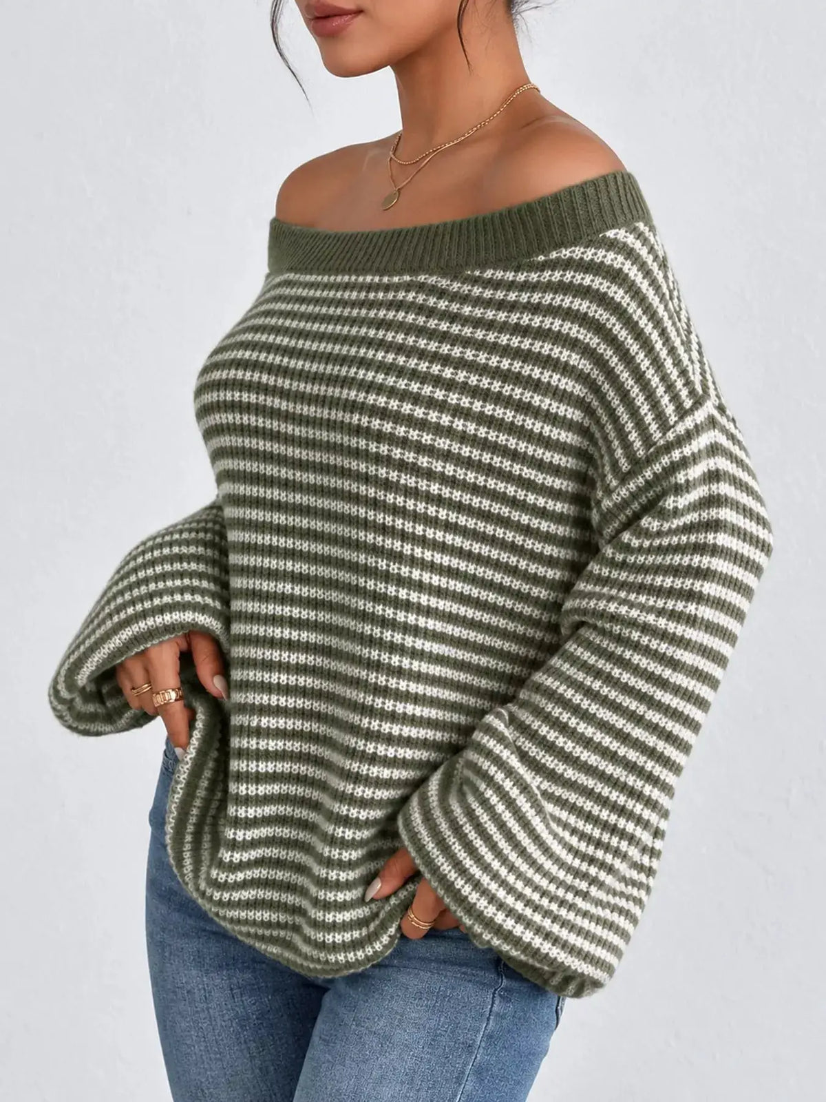 Striped Knit Boat Neck Sweater by Trendsi